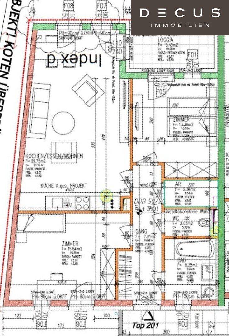 Detaillierter Grundriss der Wohnung mit Raumaufteilung, Loggia und offenem Wohnbereich.