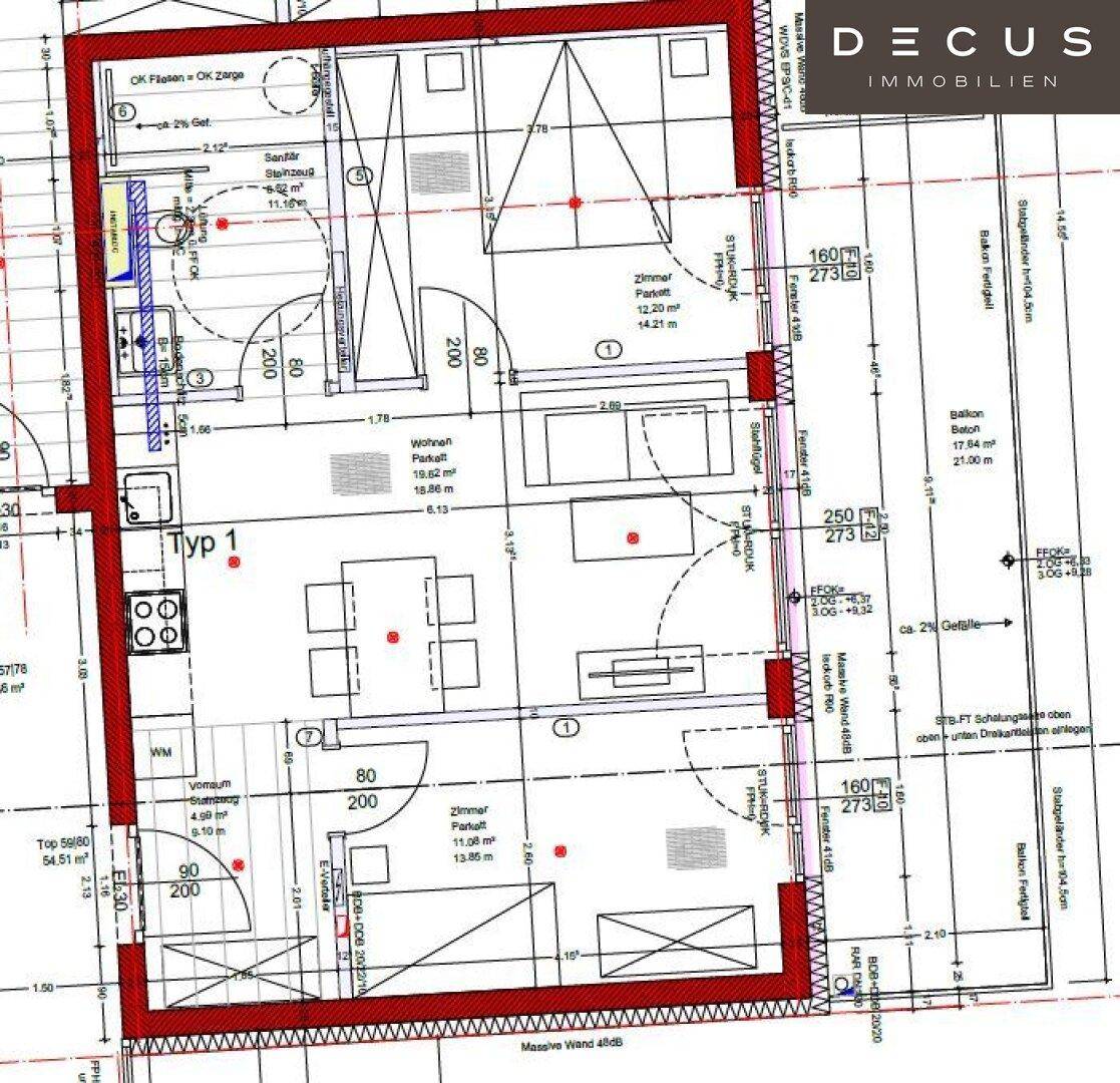 Detaillierter Grundriss einer Wohnung mit mehreren Zimmern, Balkon und klaren Maßangaben.