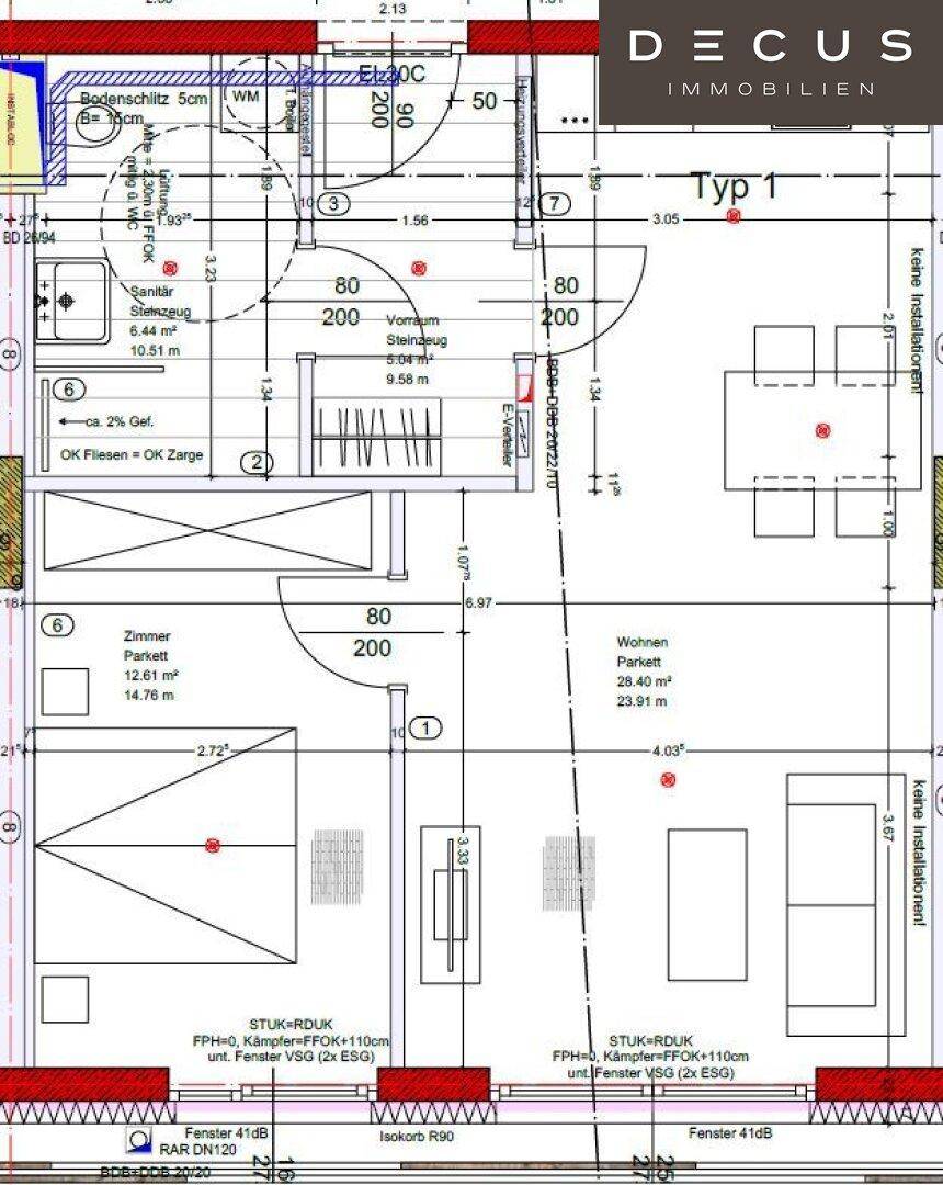 Detaillierter Grundriss einer Wohnung mit Wohnzimmer, Schlafzimmer und Bad.