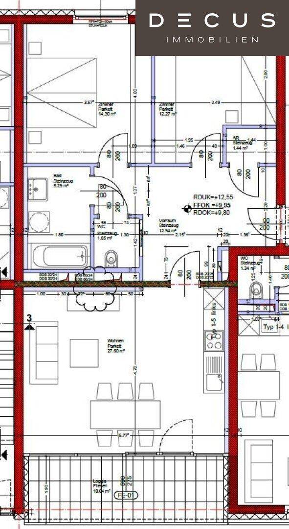 Detaillierter Grundriss einer Wohnung mit mehreren Zimmern, Bad und offenem Wohnbereich.