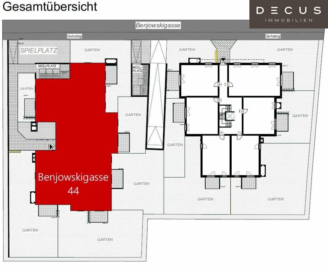Gesamtübersicht des Grundstücks mit mehreren Gebäuden, Gärten und einem Spielplatz.