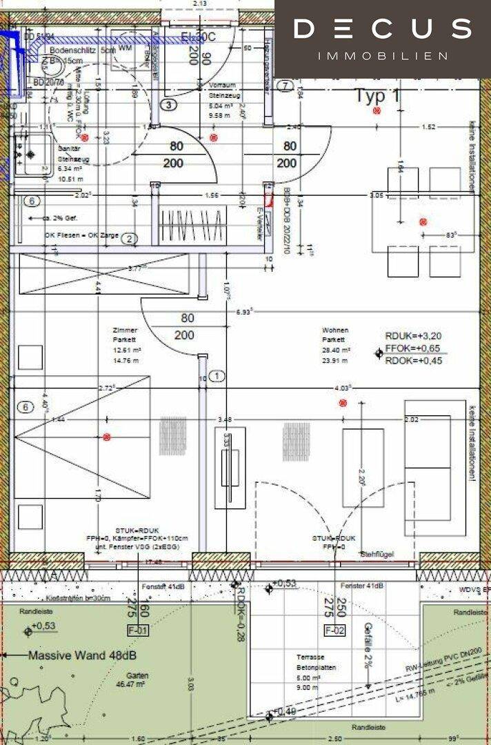 Detaillierter Grundriss einer Wohnung mit mehreren Zimmern und Zugang zu einer Terrasse.