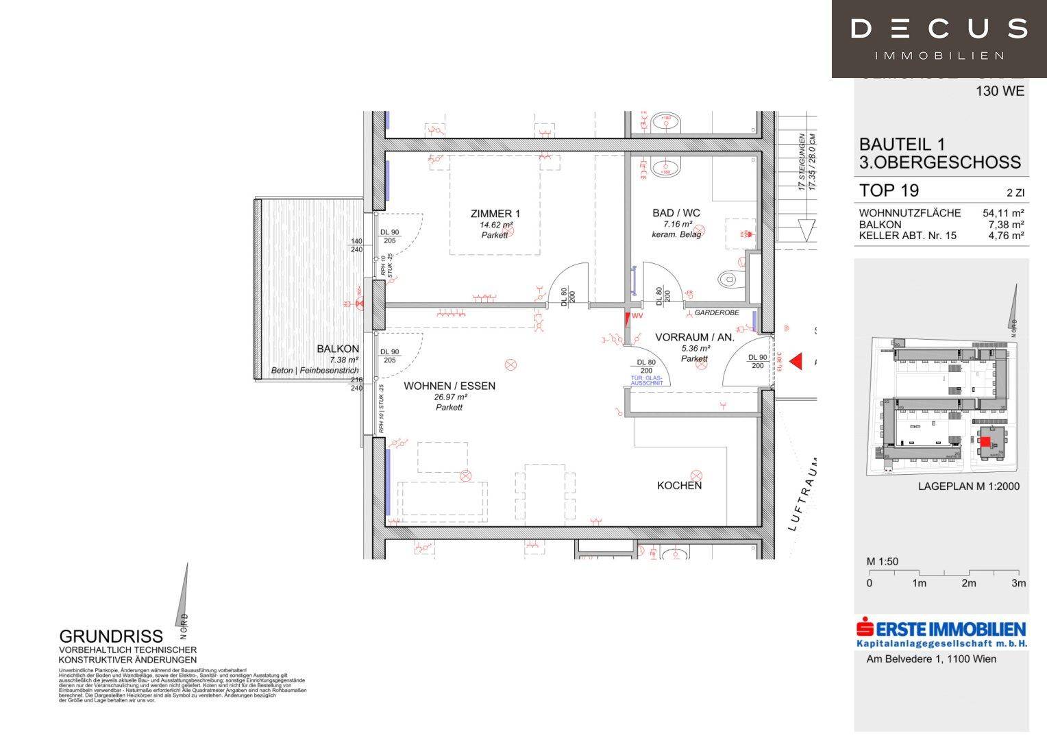 Grundriss einer Wohnung im 3. Obergeschoss mit Wohn-Essbereich, Schlafzimmer und Balkon.