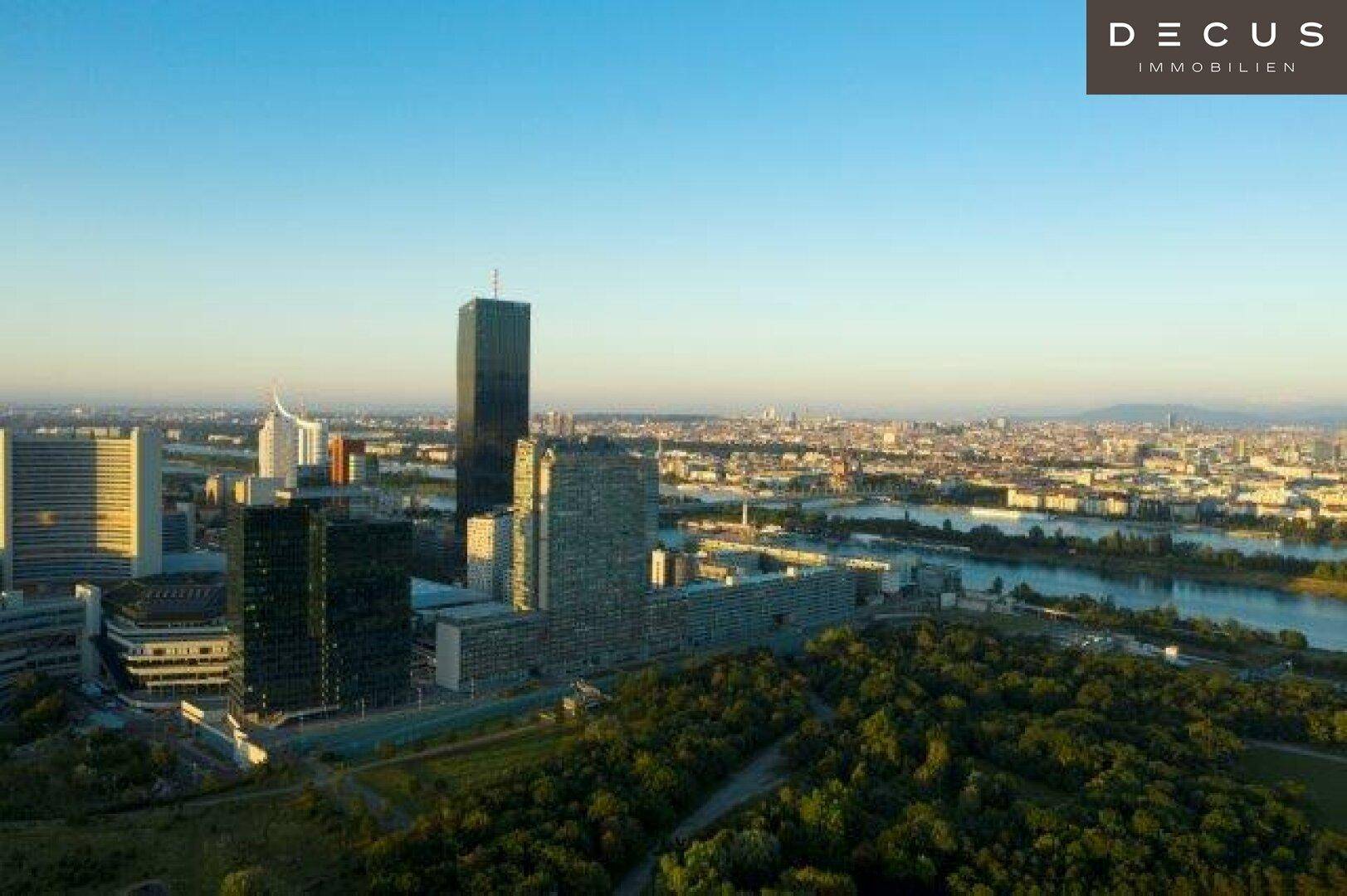 Panoramablick auf die Stadt mit modernen Hochhäusern, Fluss und Grünflächen bei Sonnenuntergang.