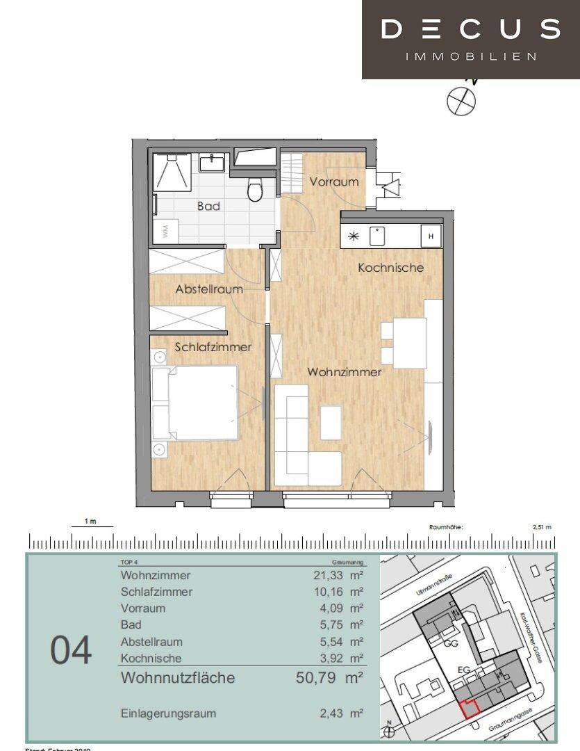 Grundriss einer Wohnung mit Wohnzimmer, Schlafzimmer, Bad und Kochbereich auf 50,79 m².