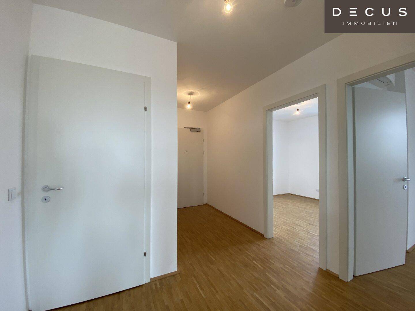 Geräumiger Eingangsbereich mit Holzboden und mehreren Türen zu den angrenzenden Zimmern.