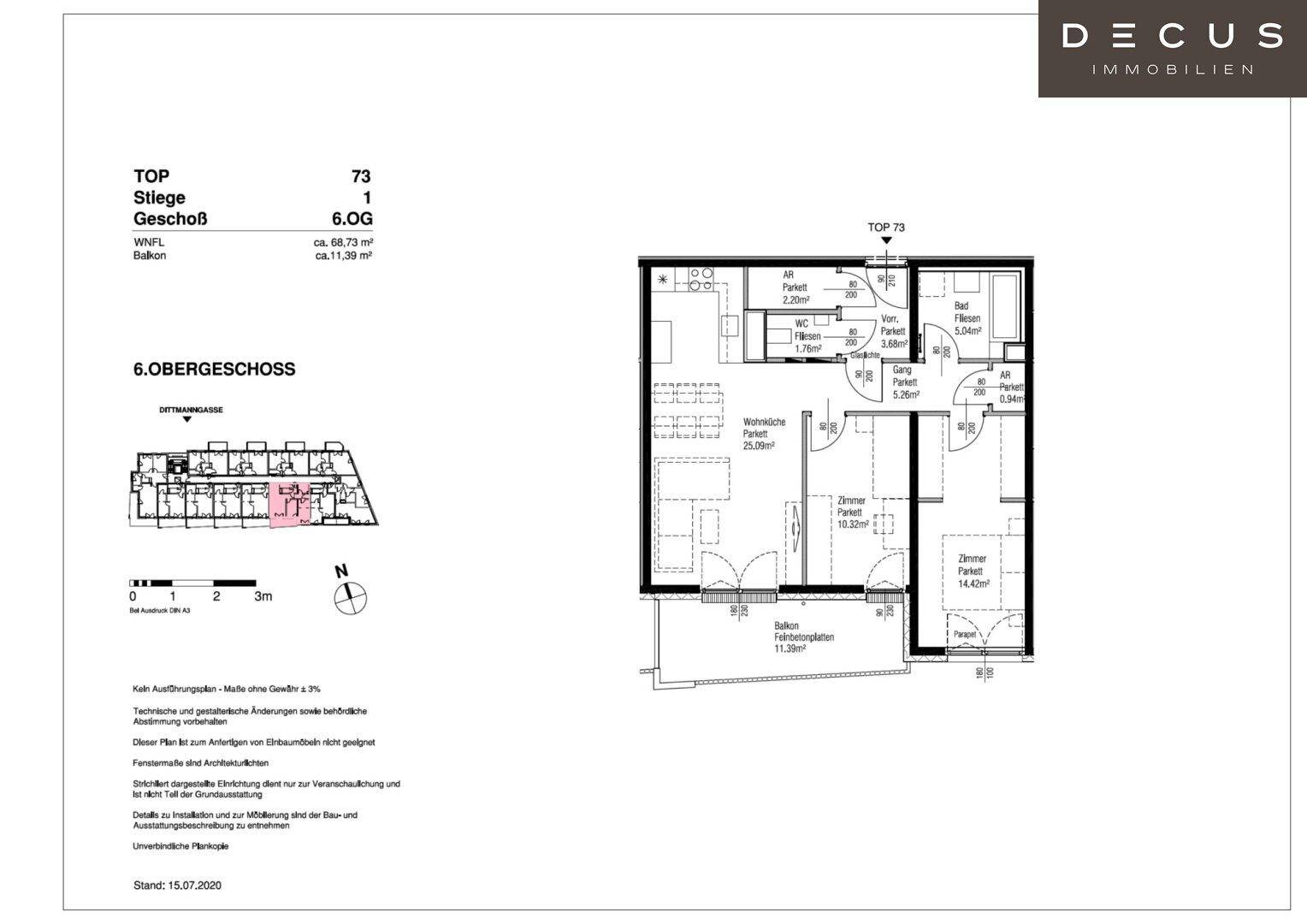 Grundriss der Wohnung TOP 73 im 6. Obergeschoss mit Balkon und drei Zimmern.