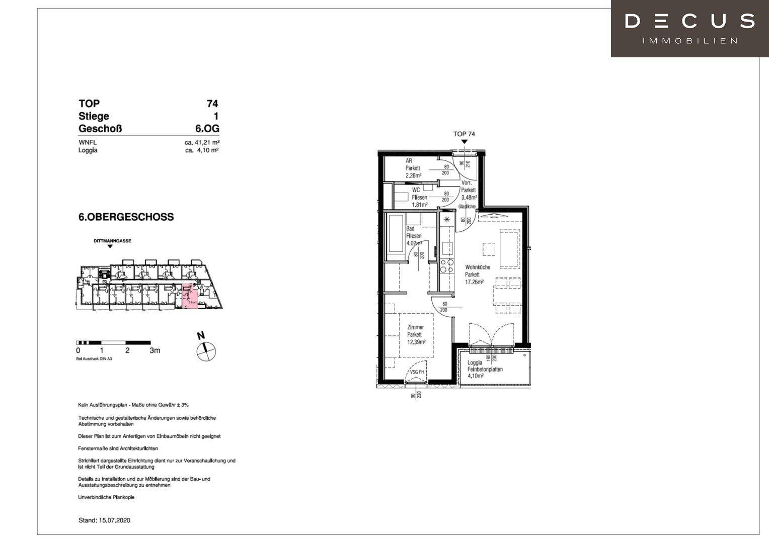 Detaillierter Grundriss einer Wohnung im 6. Obergeschoss mit Loggia und offener Wohnküche.