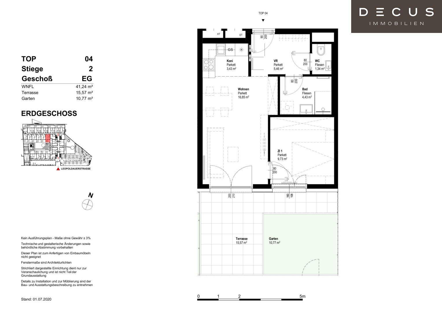 Grundriss einer Erdgeschosswohnung mit Terrasse, Garten, Wohnbereich und Schlafzimmer.