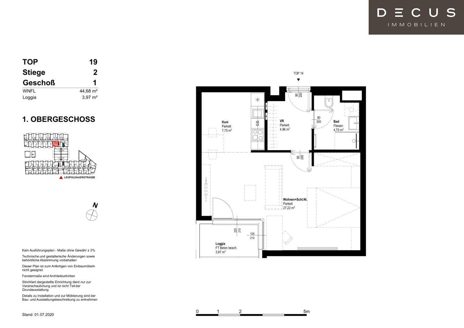 Grundriss der Wohnung Top 19 im Obergeschoss mit Loggia und offenem Wohnbereich.