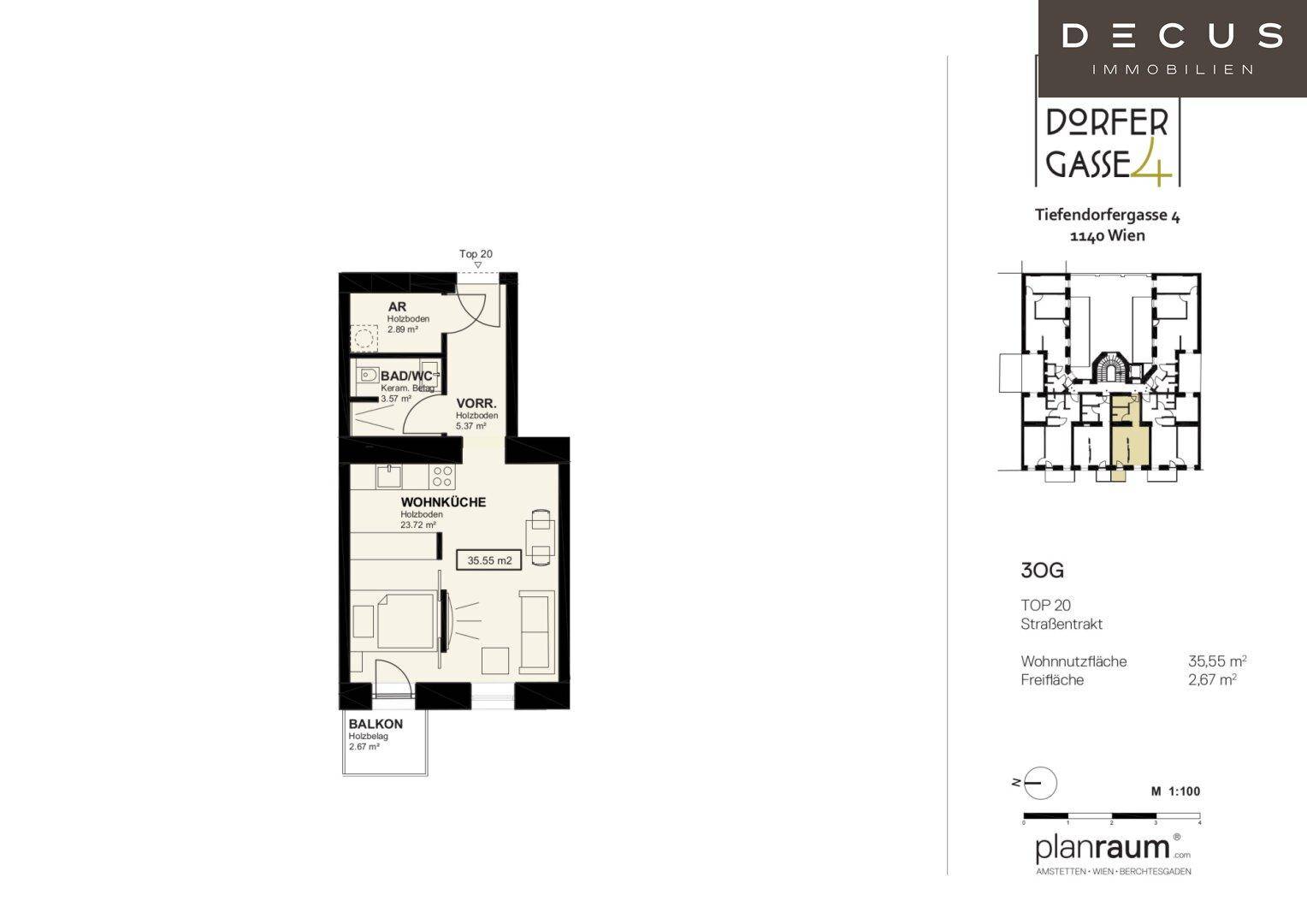 Grundriss der Wohnung Top 20 mit Wohnküche, Bad und Balkon.
