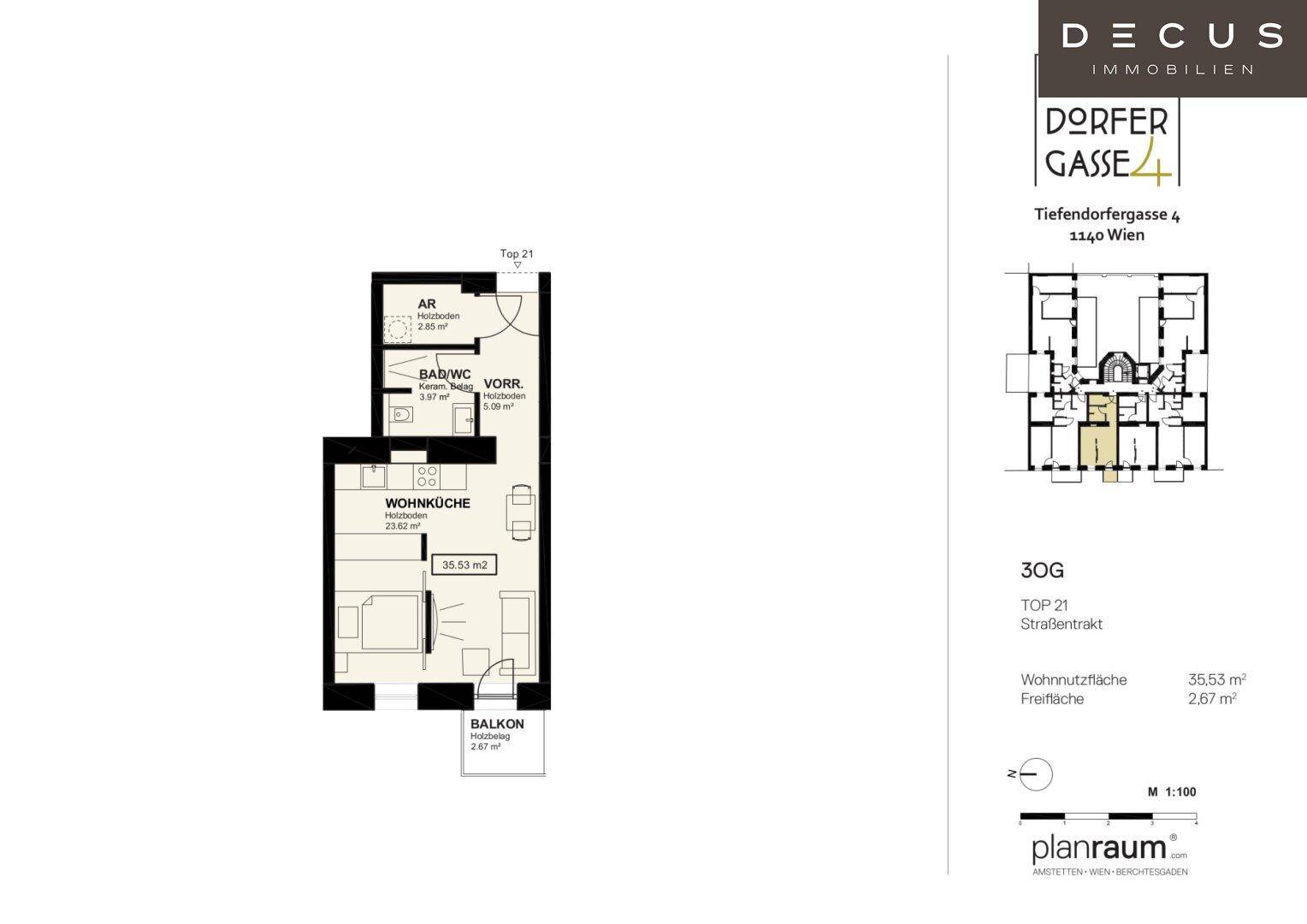 Grundriss der Wohnung Top 21 mit Wohnküche, Bad und Balkon.