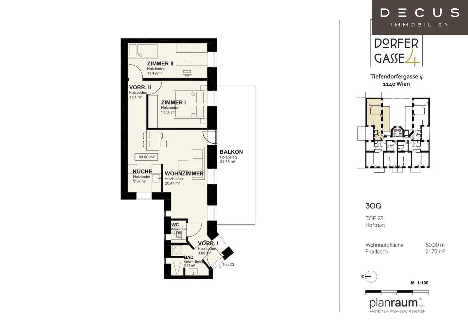 Grundriss der Wohnung Top 23 mit zwei Zimmern, Wohnzimmer, Küche und Balkon.