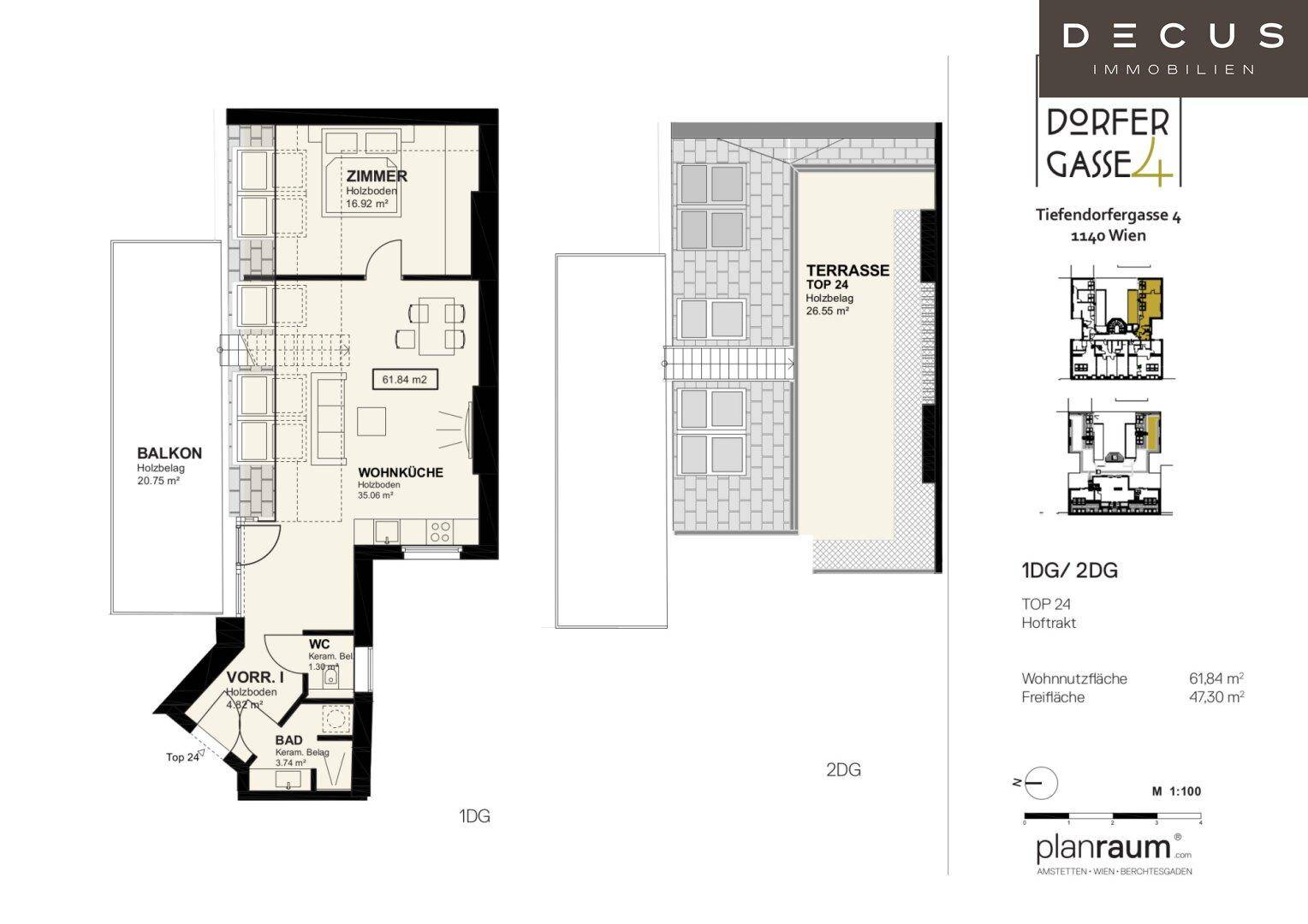 Grundriss der Maisonette Top 24 mit Balkon und großer Terrasse.