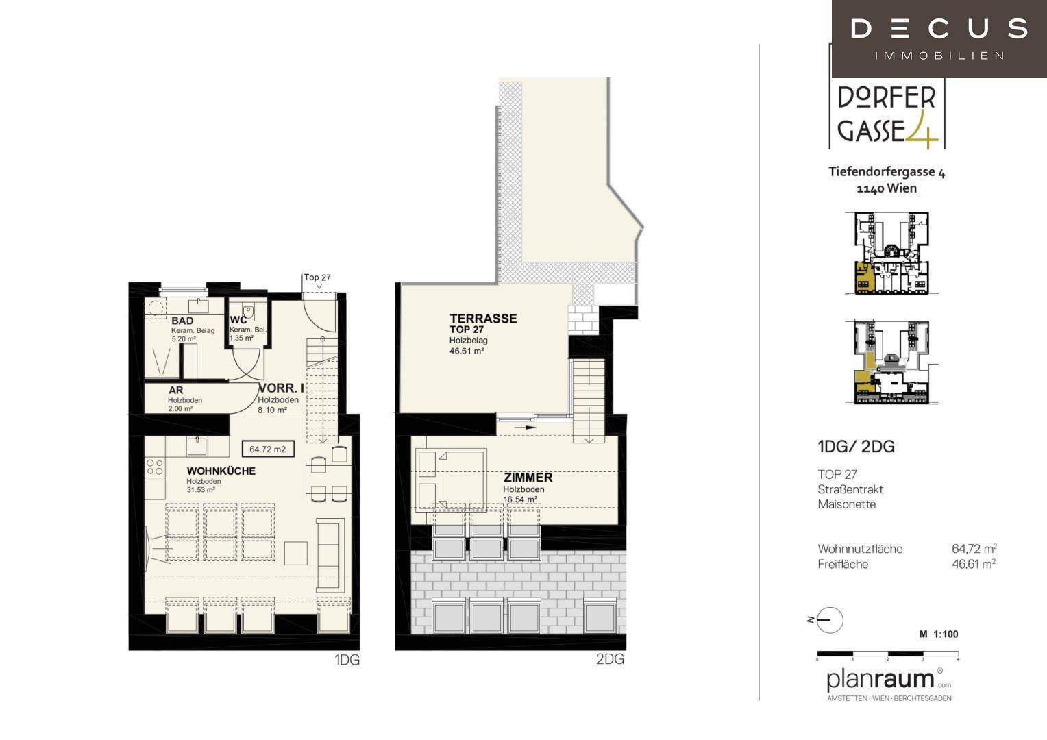 Grundriss der Maisonette Top 27 mit Zimmer, Wohnküche und großer Terrasse.