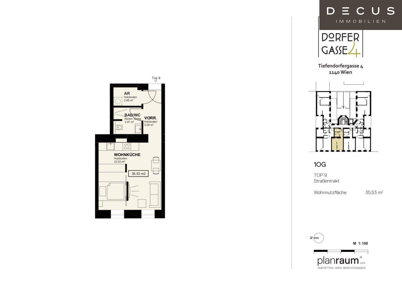 Grundriss der Wohnung Top 9 mit Wohnküche, Bad und Balkon.