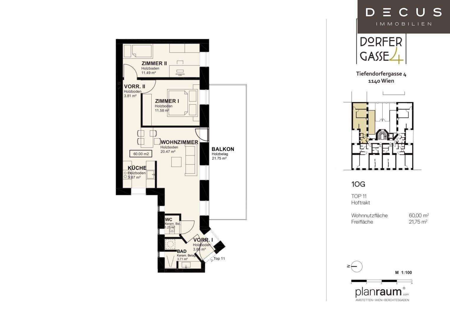 Grundriss der Wohnung Top 11 mit zwei Zimmern, Wohnzimmer, Küche und Balkon.