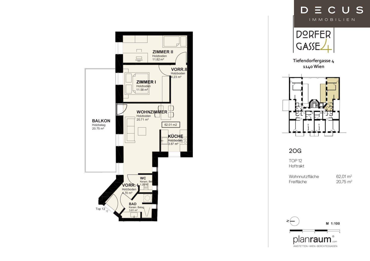 Grundriss der Wohnung Top 12 mit zwei Zimmern, Wohnzimmer, Küche und großem Balkon.
