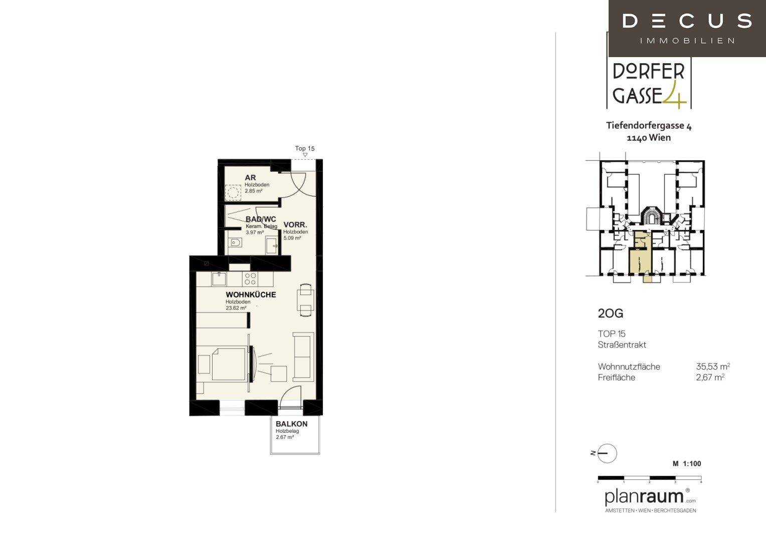 Grundriss der Wohnung Top 15 mit Wohnküche, Bad und Balkon.