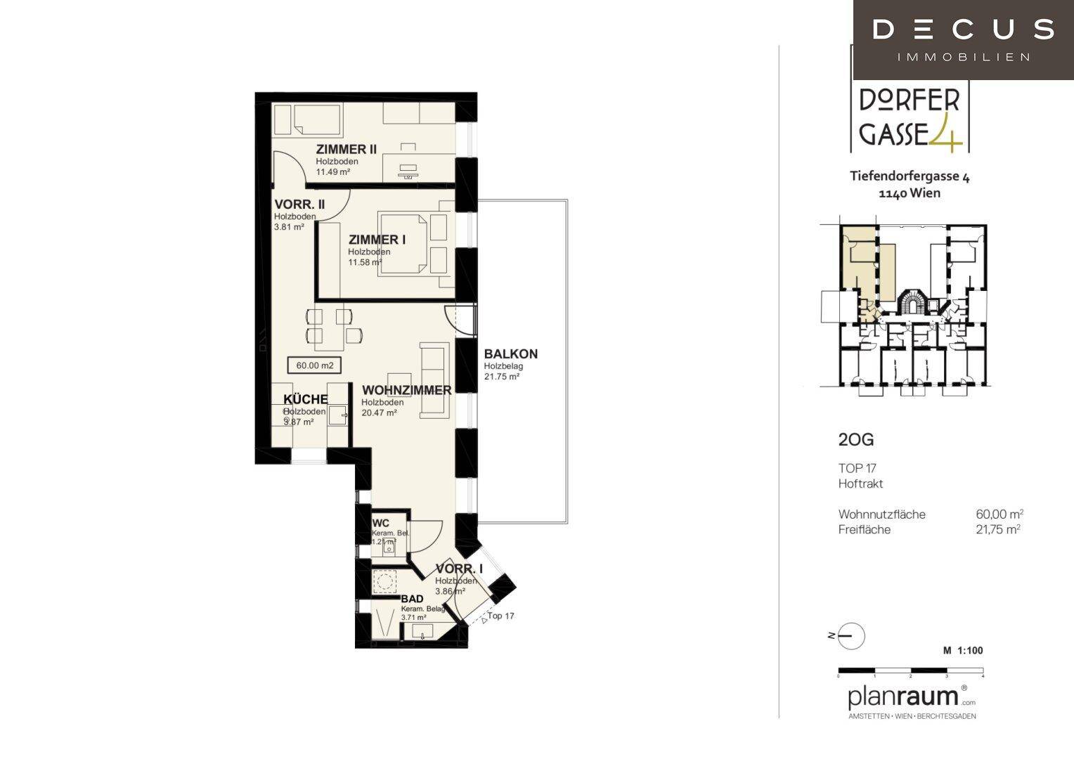 Grundriss der Wohnung Top 17 mit zwei Zimmern, Wohnzimmer, Küche und Balkon.