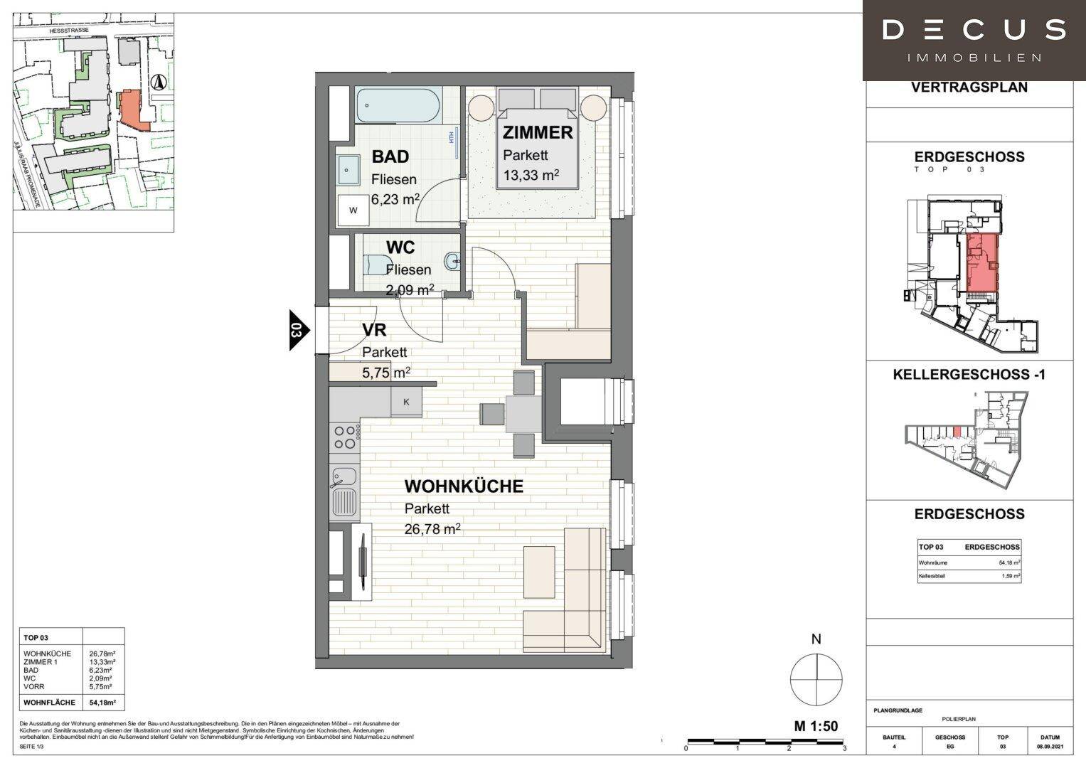 Grundrissplan einer Wohnung im Erdgeschoss mit Wohnküche, Schlafzimmer und Bad.