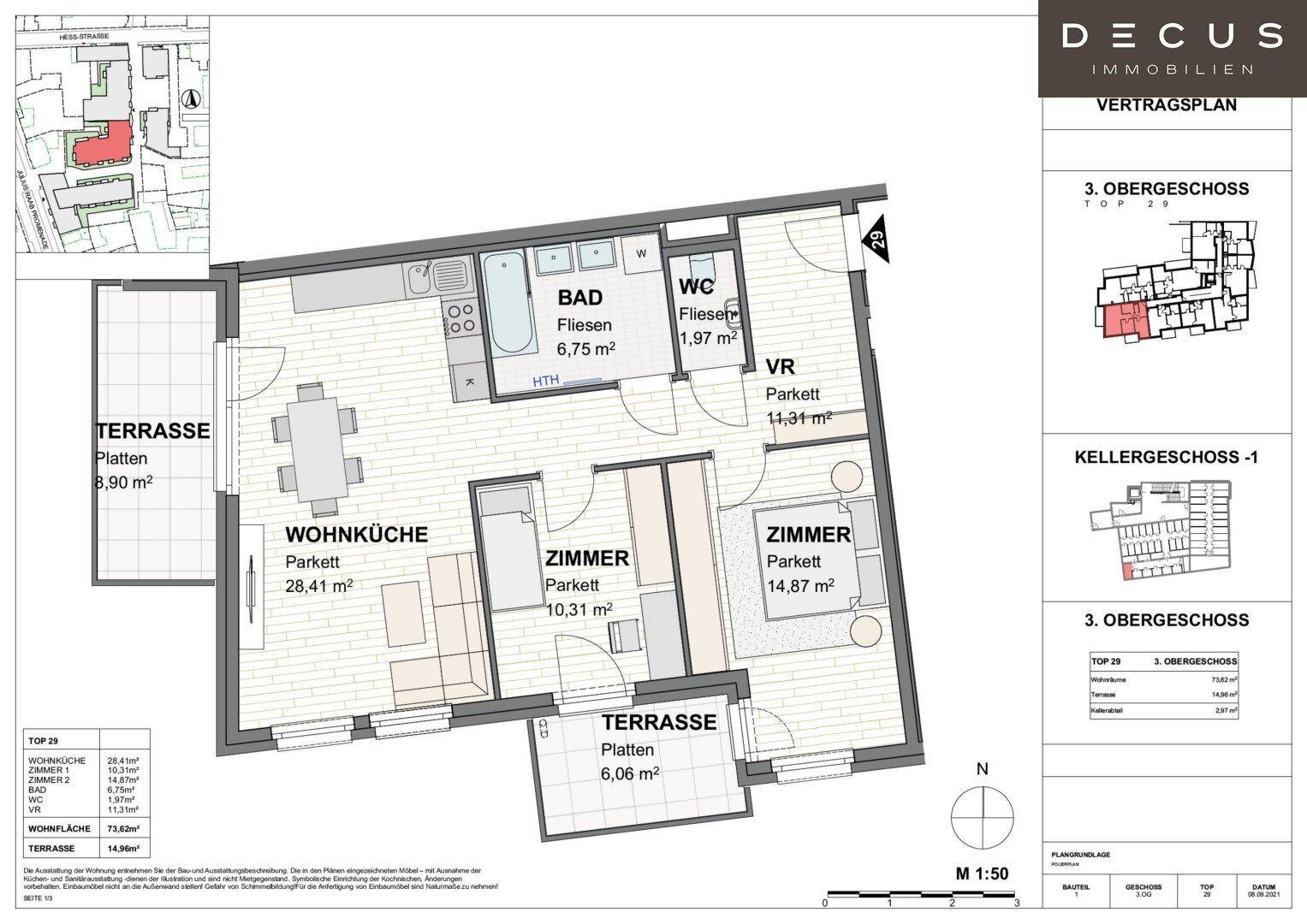 Grundriss für eine Wohnung im dritten Obergeschoss mit Wohnküche, zwei Zimmern und zwei Terrassen.