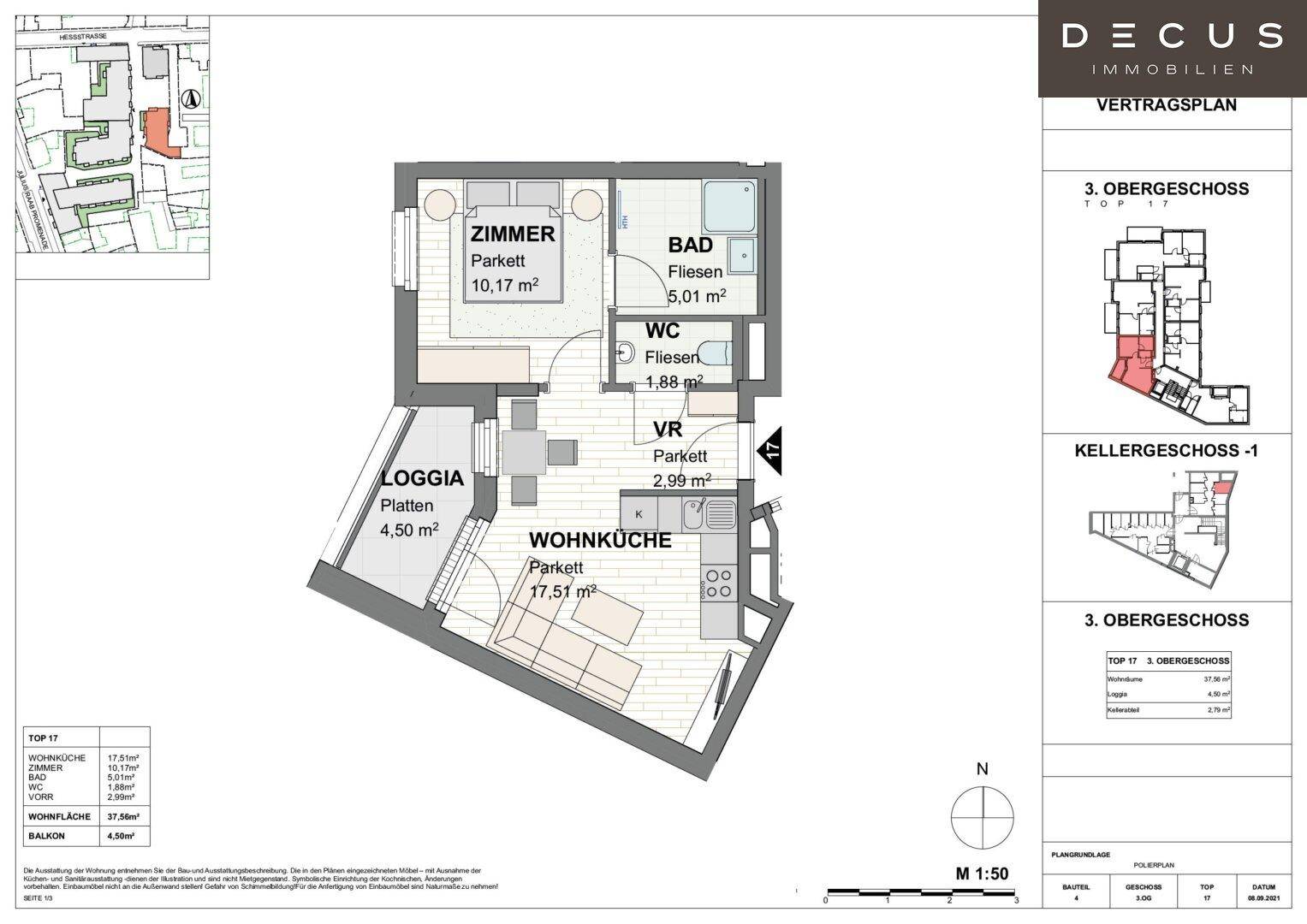 Grundriss einer Wohnung im 3. Obergeschoss mit offener Wohnküche, Schlafzimmer und Loggia.