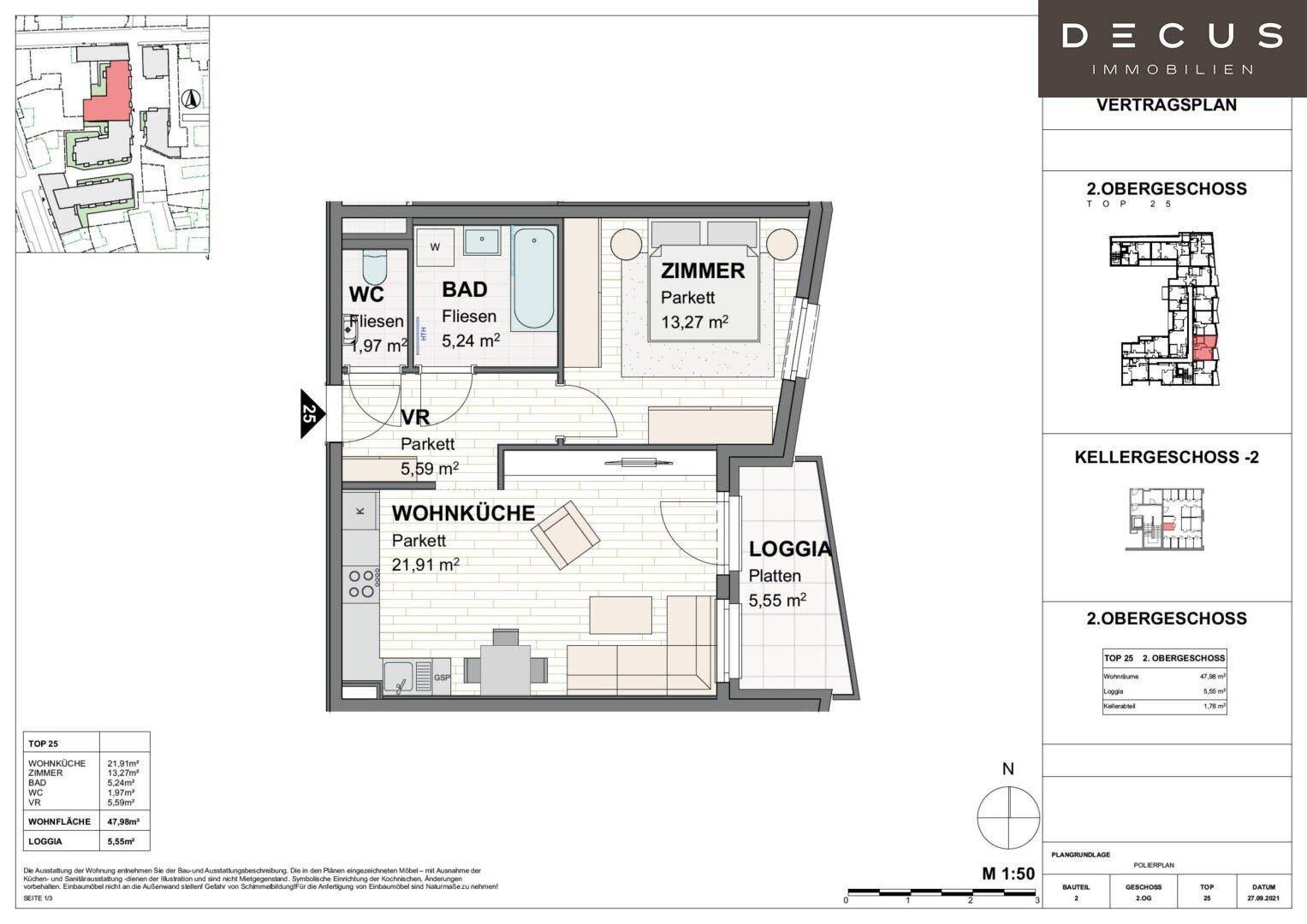 Grundriss einer Wohnung mit Wohnküche, Schlafzimmer, Bad, WC und Loggia.
