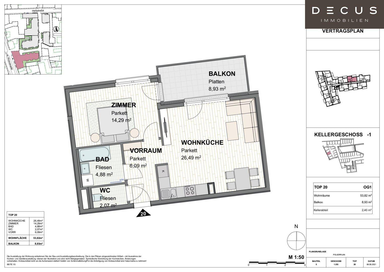 Detaillierter Grundriss einer Wohnung mit Wohnküche, Schlafzimmer und Balkon.