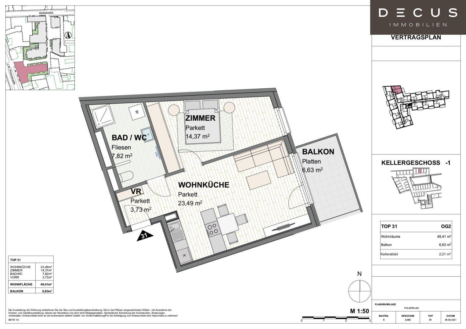 Grundriss einer Wohnung mit Wohnküche, Schlafzimmer, Bad und Balkon, inklusive Flächenangaben.