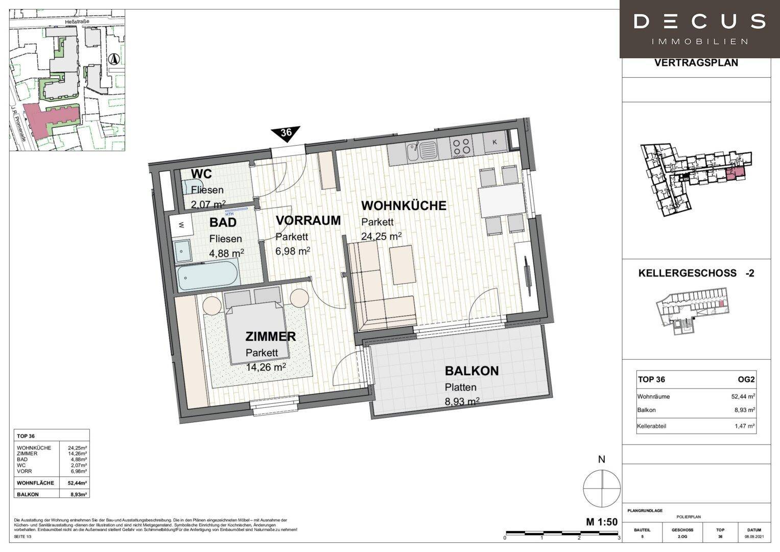 Detaillierter Grundriss einer Wohnung mit Wohnküche, Zimmer, Bad und Balkon.