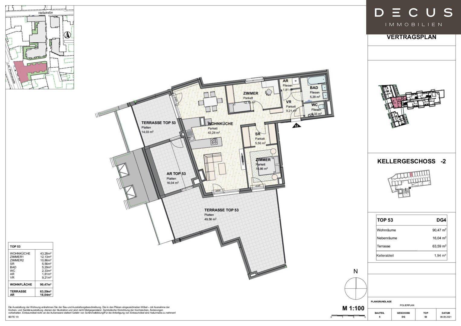 Detaillierter Grundriss der Wohnung Top 53 mit Wohnbereichen und Terrassen.