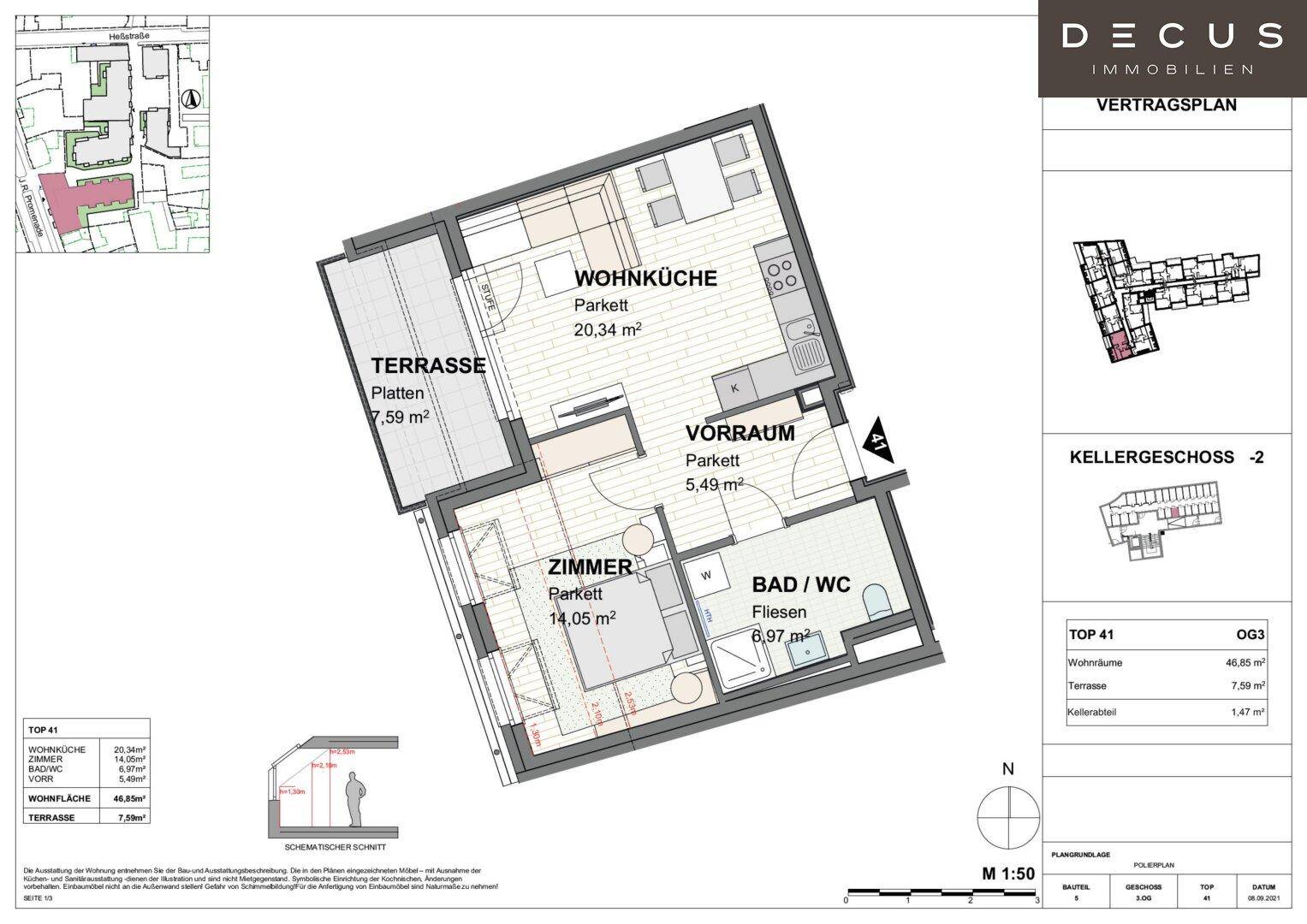 Detaillierter Grundriss einer Wohnung mit Wohnküche, Zimmer, Bad und Terrasse.