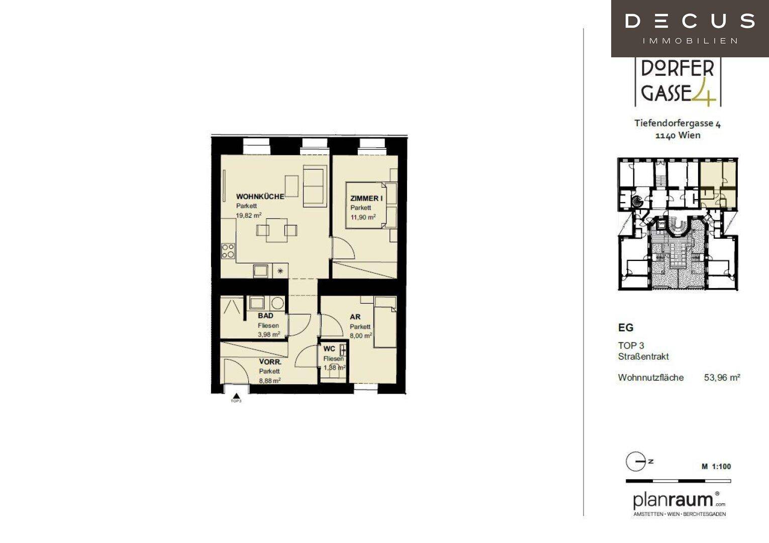 Grundriss der Wohnung Top 3 im Erdgeschoss mit Wohnküche, Zimmer und Bad.