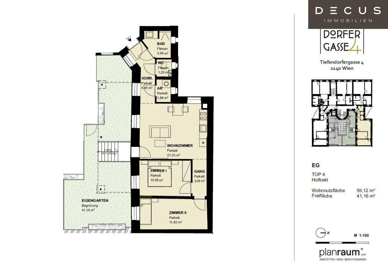 Detaillierter Grundriss einer Wohnung mit Wohnzimmer, zwei Zimmern, Bad, WC und eigenem Garten.