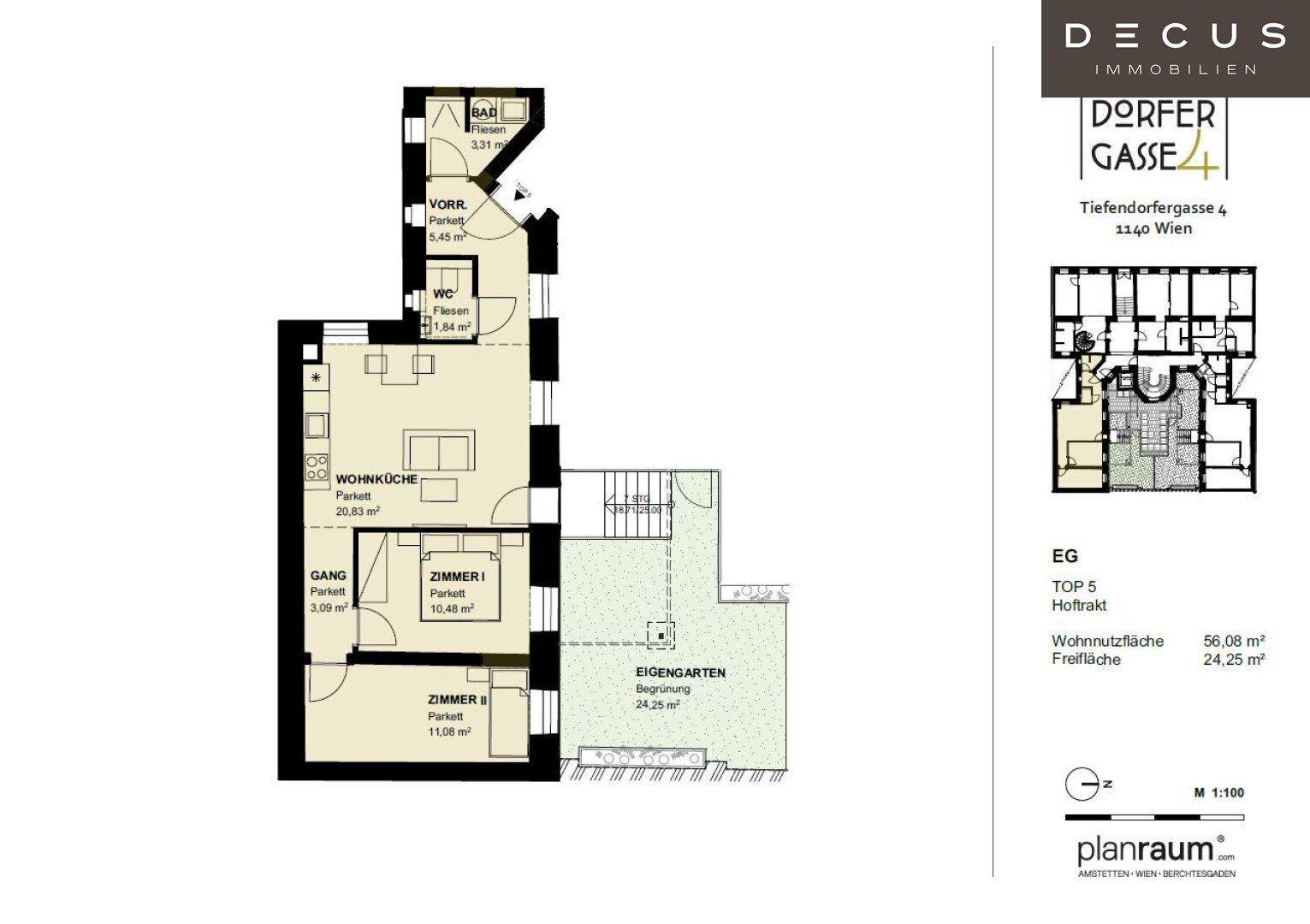 Grundriss der Wohnung Top 5 mit Wohnküche, zwei Zimmern und eigenem Gartenbereich.