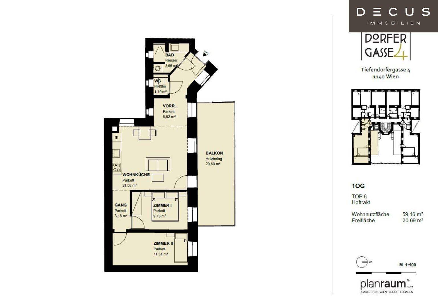Detaillierter Grundriss einer Wohnung mit Wohnküche, zwei Zimmern und einem großen Balkon.