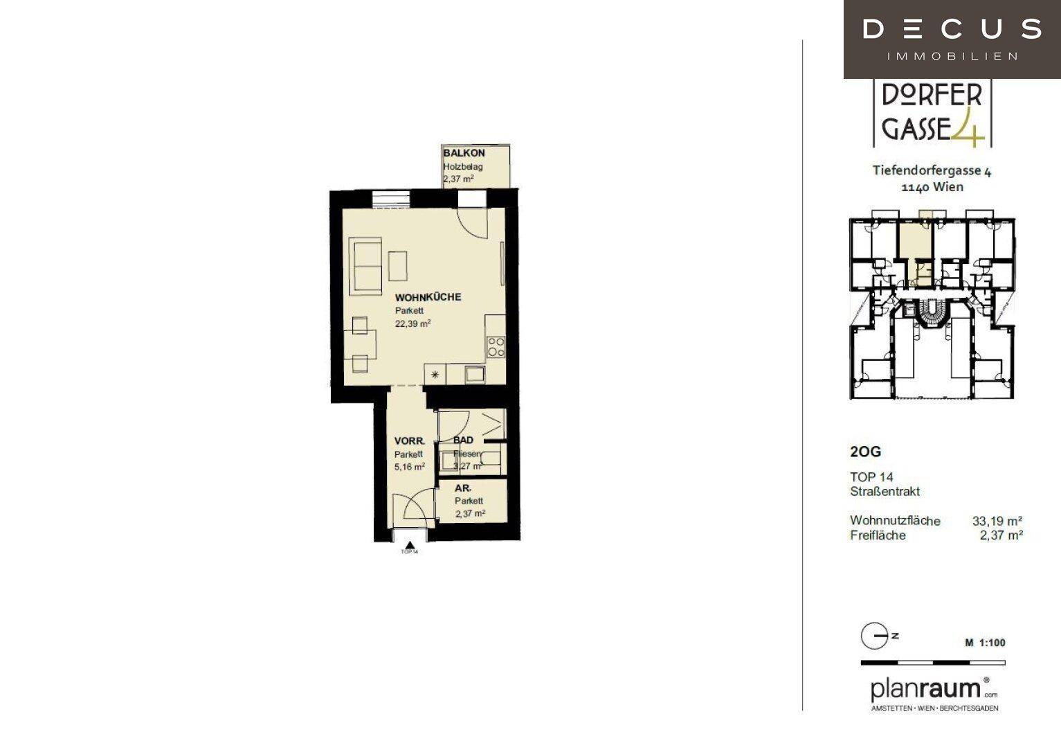 Detaillierter Grundriss einer Wohnung mit Wohnküche, Bad und Balkon.