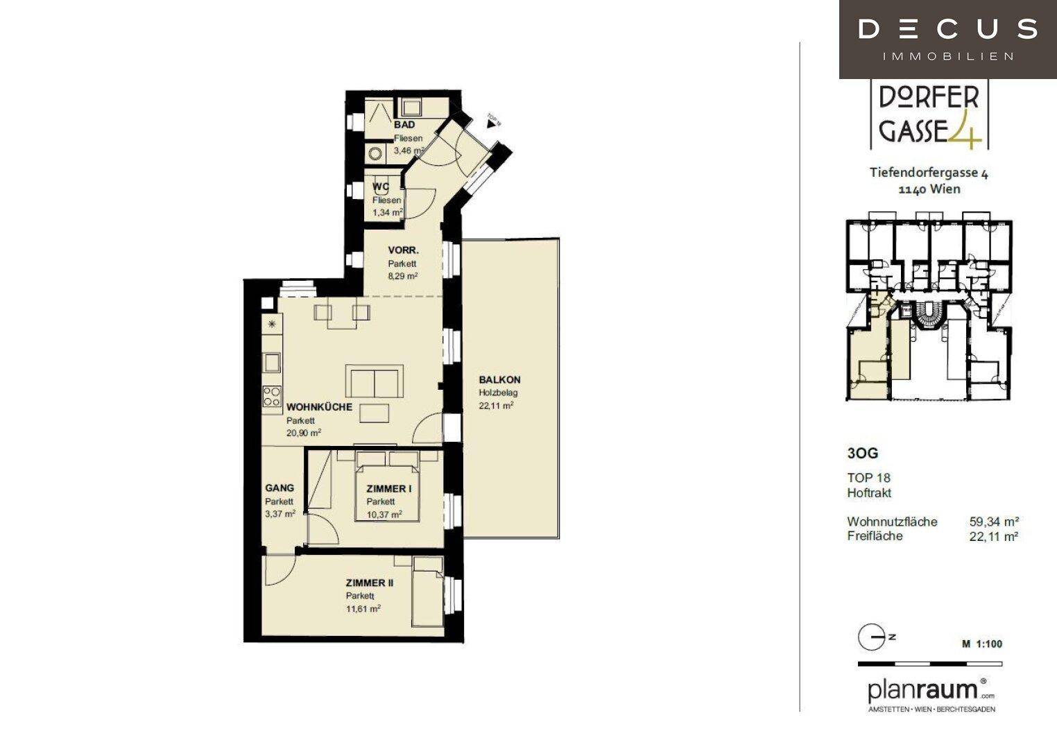 Detaillierter Grundriss einer Wohnung mit Wohnküche, zwei Zimmern und Balkon.