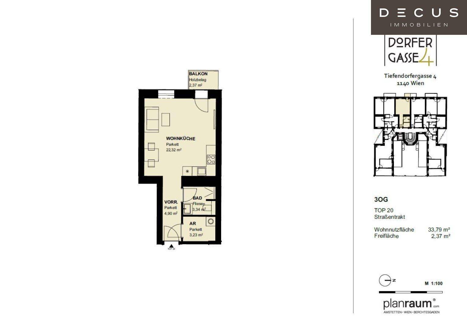 Grundriss einer Wohnung mit Wohnküche, Bad, Vorraum und Balkon auf 33,79 m² Wohnfläche.