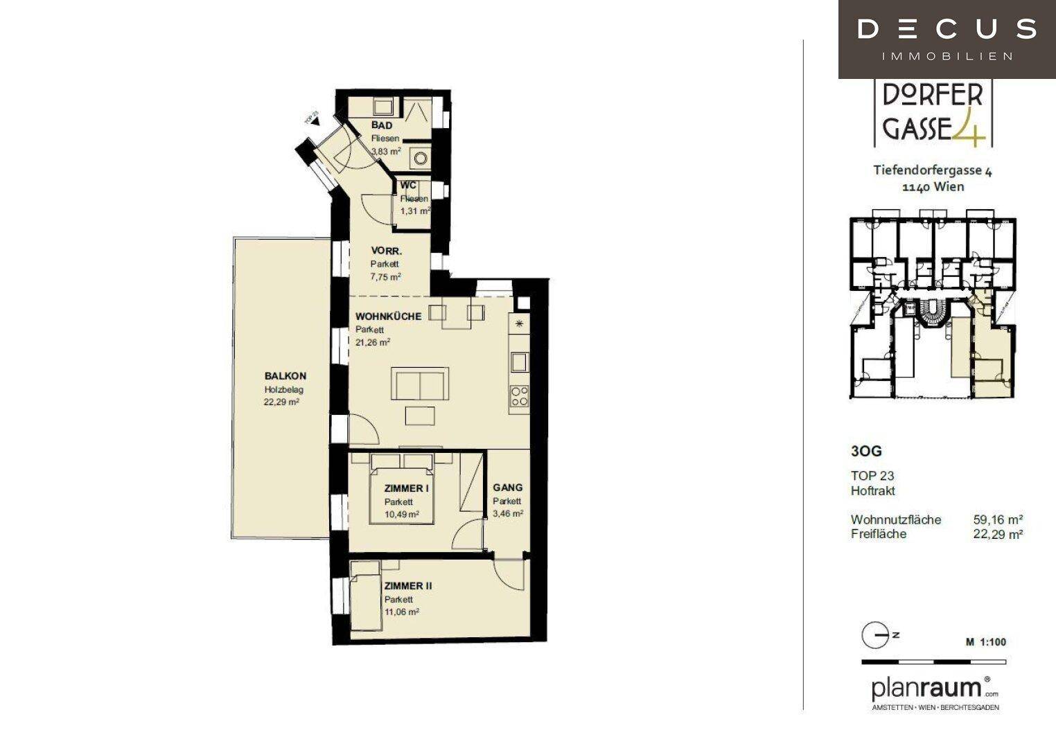 Grundriss der Wohnung Top 23 mit Wohnküche, zwei Zimmern und großem Balkon.