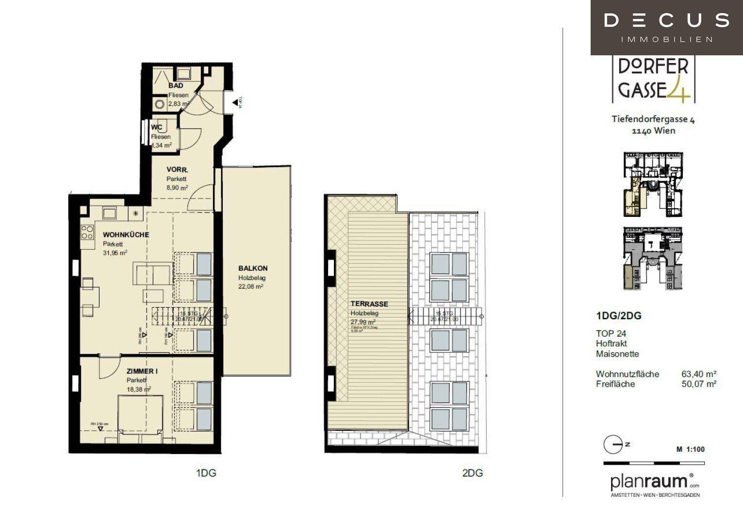 Detaillierter Grundriss einer Maisonette-Wohnung mit Balkon und Terrasse auf zwei Ebenen.