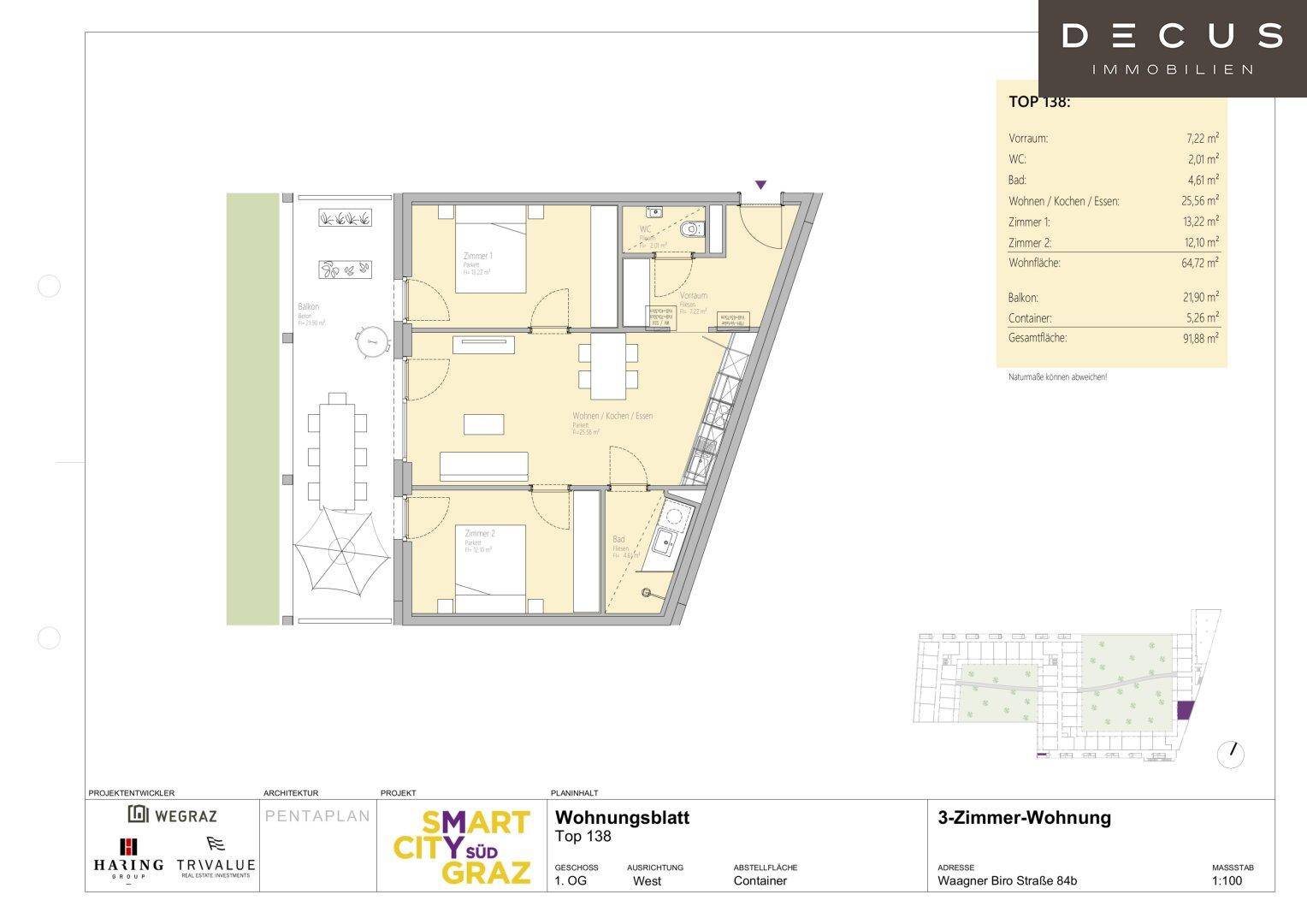 Grundriss einer 3-Zimmer-Wohnung mit Balkon und offener Wohnküche.