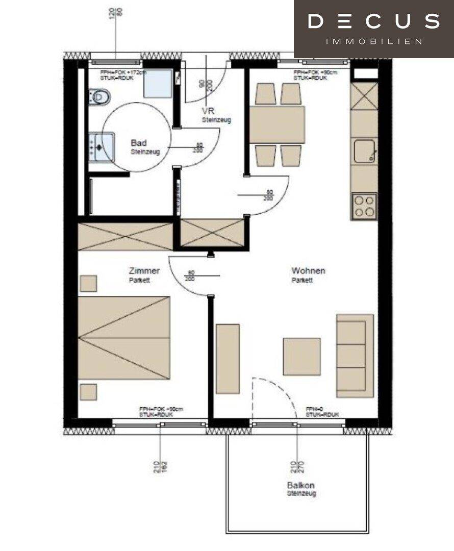 Grundriss einer Wohnung mit einem Schlafzimmer, Bad, Wohnbereich mit Küche und Balkon.