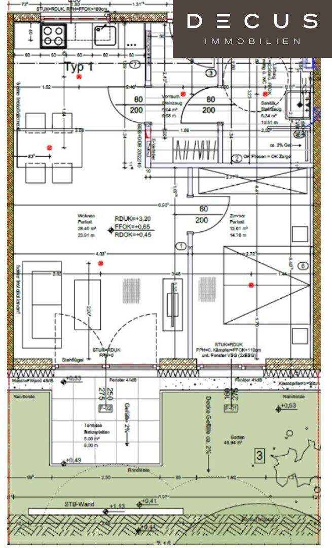 Detaillierter Grundriss mit Raumaufteilung, Garten, Terrasse und Balkon.