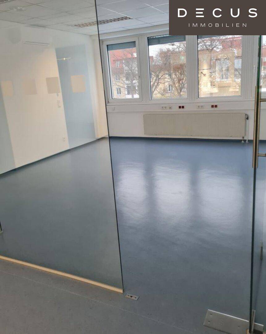 Helles Büro mit großen Fenstern, Vinylboden und einer modernen Glastrennwand.