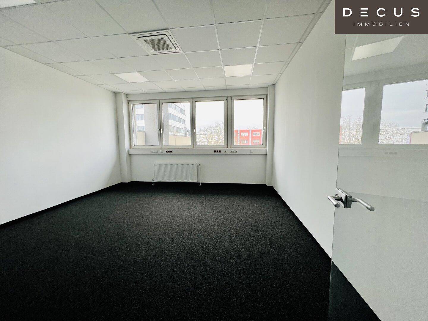 Geräumiges Büro mit dunklem Teppichboden, hellen Wänden und großen Fenstern für viel Tageslicht.