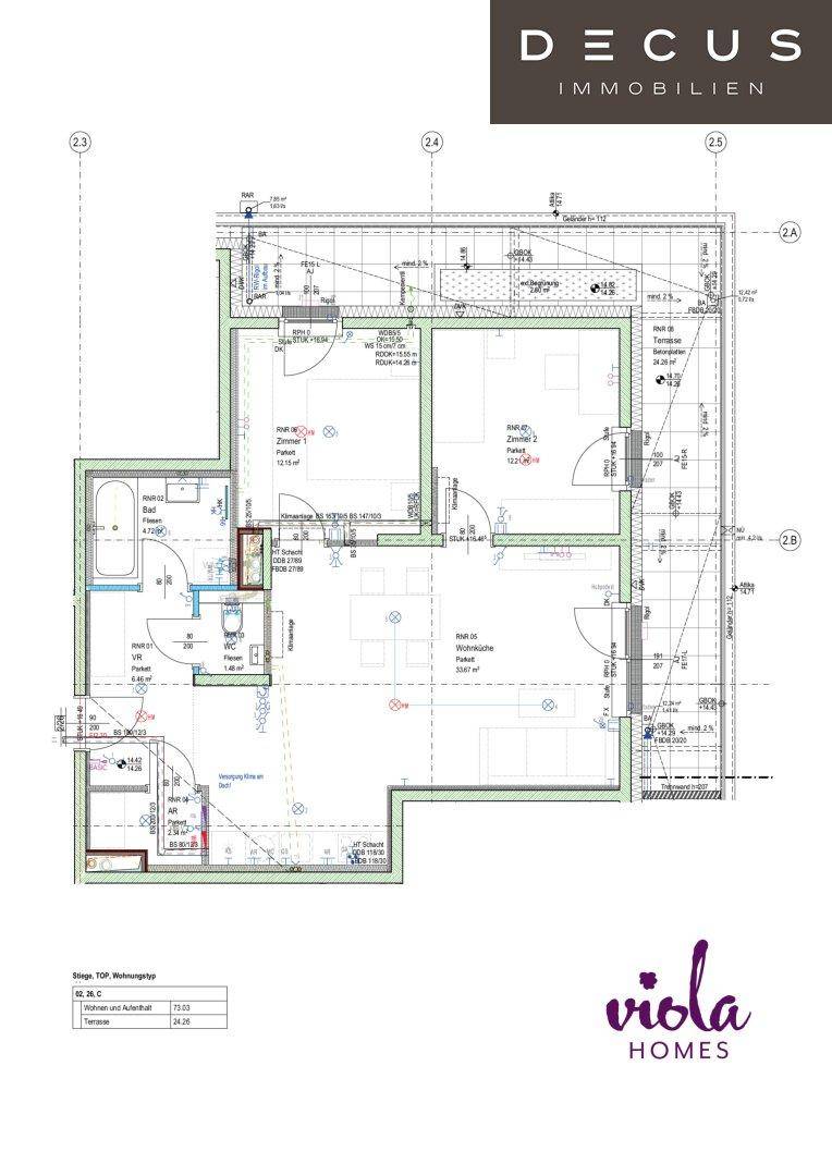 Detaillierter Grundriss einer Wohnung mit drei Zimmern, Bad und Balkon, zeigt die Raumaufteilung.