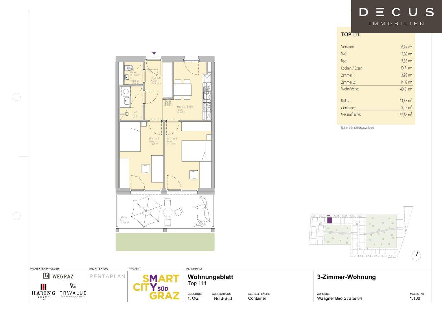 Grundriss einer 3-Zimmer-Wohnung mit Balkon und klarer Raumaufteilung.