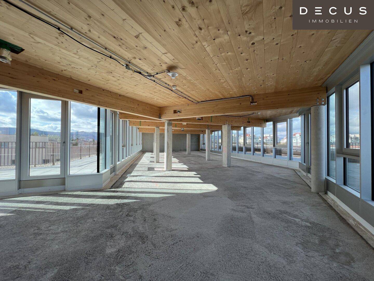 Großer, offener Gewerberaum mit Holzbalkendecke, Betonboden und vielen Fenstern.
